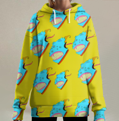 Агрессивные лица с зубами оранжево голубые на жёлтом фоне, Hoodie Long Oversize 3D