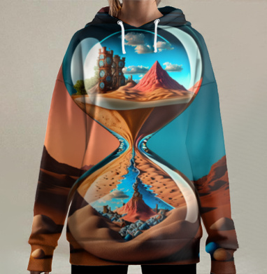Сюрреалистичные песочные часы в пустыне, Hoodie Long Oversize 3D