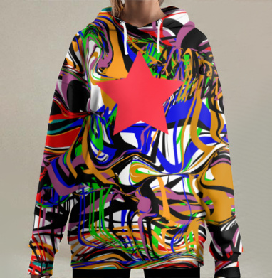 Красная звезда на динамичном абстрактном фоне с разводами, Hoodie Long Oversize 3D