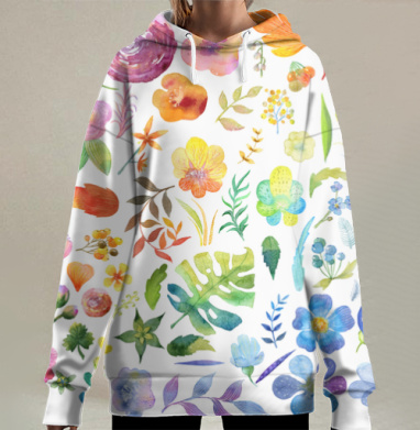 Акварельные цветы и листья в весенних тонах, Hoodie Long Oversize 3D