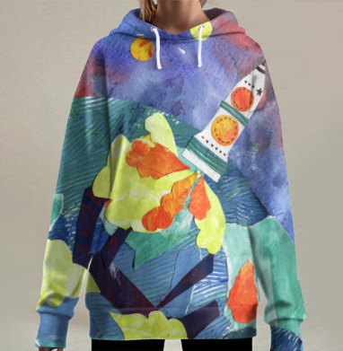 Взлёт космической ракеты в ярких красках, Hoodie Long Oversize 3D