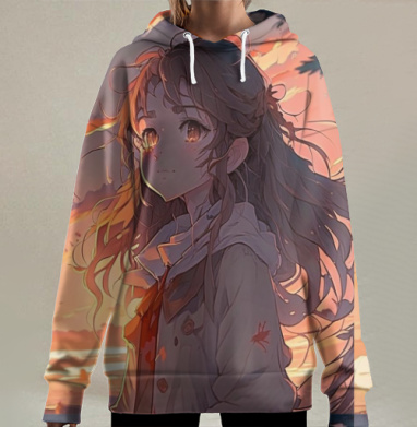 Девушка на рассвете с длинными волосами на берегу, Hoodie Long Oversize 3D