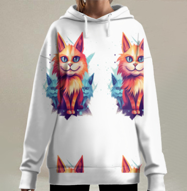 Оранжевый кот с синими кошками передними лапами сидит, Hoodie Long Oversize 3D