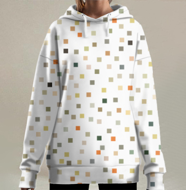 Абстрактные квадраты приглушённых оттенков на сером фоне, Hoodie Long Oversize 3D