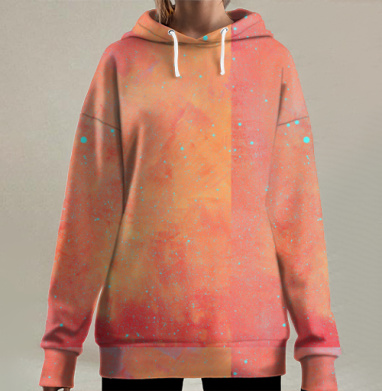 Голубые капли на оранжево красном фоне в экспрессионизме, Hoodie Long Oversize 3D