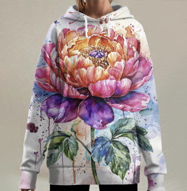 Акварельный пион прекрасный цветок, Hoodie Long Oversize 3D