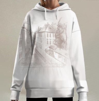 Классический карандашный эскиз городской улицы, Hoodie Long Oversize 3D