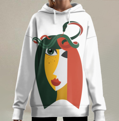 Абстрактный портрет с змеями в зелёных красных тонах головы, Hoodie Long Oversize 3D