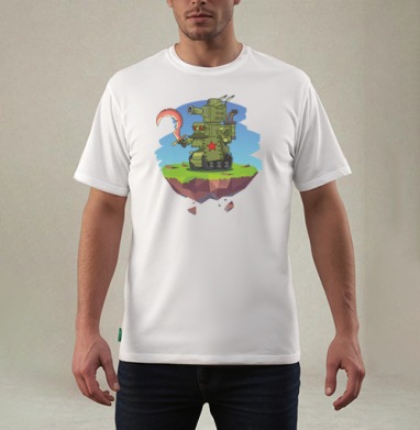 Кибернетический советский воин защищает парящий Robot Tank Island, Футболка мужская REGULAR белая