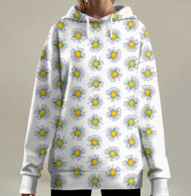 Ромашки белые на сером фоне создают нежные цветочные мотивы, Hoodie Long Oversize 3D