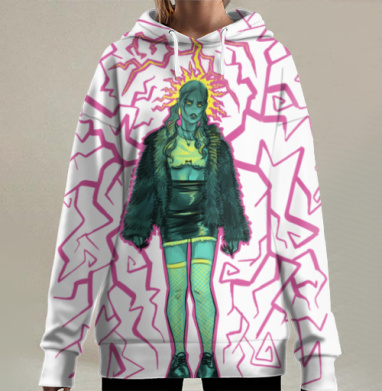 Энергичная девушка в темной одежде с молниями для вечеринок, Hoodie Long Oversize 3D