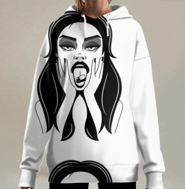 Девушка с таблеткой во рту черный серый белый, Hoodie Long Oversize 3D