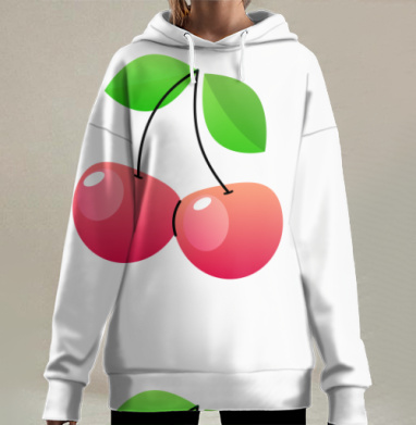 Свежие красные вишни с зелёными листьями на сером фоне, Hoodie Long Oversize 3D