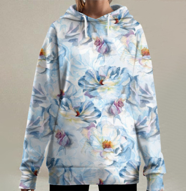 Бесшовный акварельный узор с синими цветами, Hoodie Long Oversize 3D