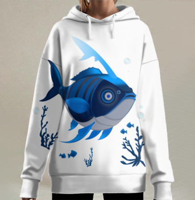 Синяя глубоководная рыба среди водорослей, Hoodie Long Oversize 3D