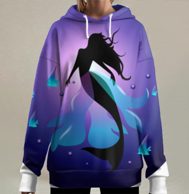 Силуэт русалки в магическом синем освещении под водой, Hoodie Long Oversize 3D