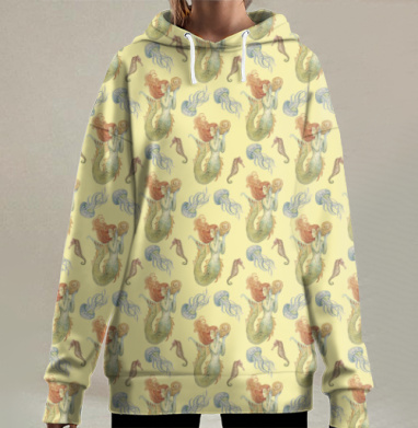 Русалки в нежных пастельных тонах с медузами под водой активностью, Hoodie Long Oversize 3D