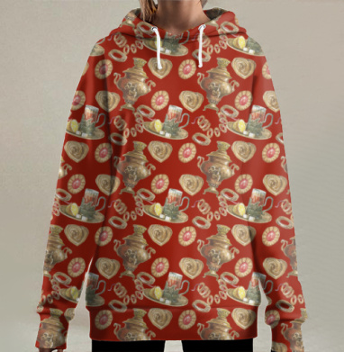 Русское чаепитие с самоваром и печеньем уютный декор, Hoodie Long Oversize 3D