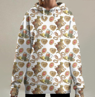 Теплое чаепитие с самоваром и лакомствами на фоне, Hoodie Long Oversize 3D