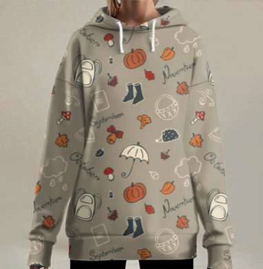 Уютный осенний паттерн с листьями и грибами, Hoodie Long Oversize 3D