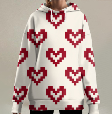 Пиксельные красные сердца на светлом фоне Pixel Hearts – Сердца, Hoodie Long Oversize 3D