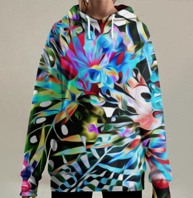 Взрыв красок и форм – абстрактный цветочный вихрь, Hoodie Long Oversize 3D