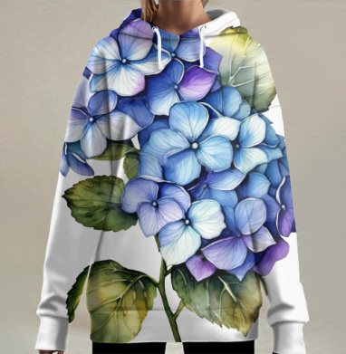 Голубой и фиолетовый букет с зелёными листьями гортензии, Hoodie Long Oversize 3D