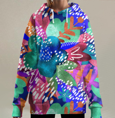 Яркий абстрактный цветочный узор с экспрессией, Hoodie Long Oversize 3D