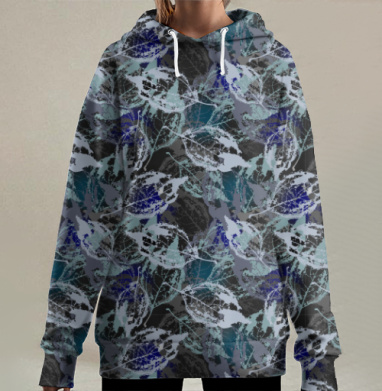 Скелетированные листья в синих и серых оттенках на черном фоне, Hoodie Long Oversize 3D