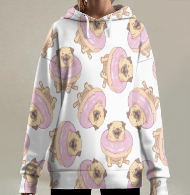Счастливый пес мопс в розовом пончике подарок юмор веселье, Hoodie Long Oversize 3D