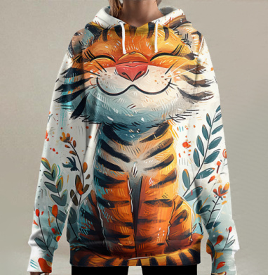 Улыбающийся тигр с птицей в сказочном окружении, Hoodie Long Oversize 3D