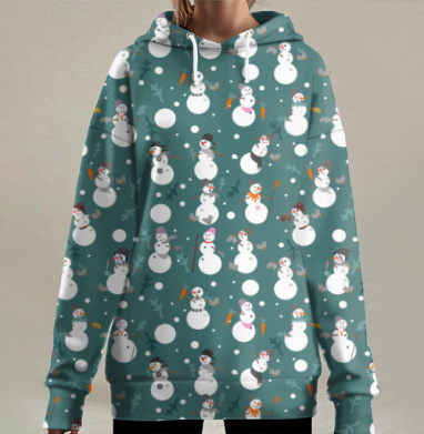 Веселые снеговики с морковками и сапогами на сером фоне, Hoodie Long Oversize 3D