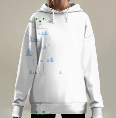 Белый кот в лесных деревьях нежный гармоничный образ, Hoodie Long Oversize 3D