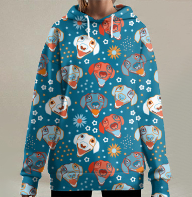Веселые разноцветные мордочки собак радость улыбки, Hoodie Long Oversize 3D