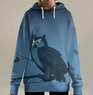 Сова на ветке вечером ночного неба, Hoodie Long Oversize 3D