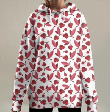 Красные ягоды с листьями в насыщенных оттенках красного, Hoodie Long Oversize 3D