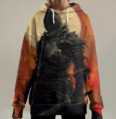 Черный рыцарь на фоне огня и луны Черный рыцарь на фоне огня и луны, Hoodie Long Oversize 3D