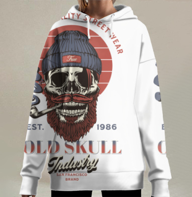 Бородатый череп с трубкой в шапке для уличной одежды, Hoodie Long Oversize 3D