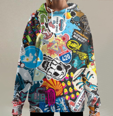 Калейдоскоп уличной культуры и стикеров, Hoodie Long Oversize 3D