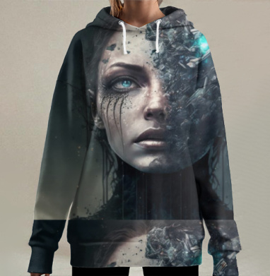 Разрушающееся Лицо Женщины в Футуристическом Обличье, Hoodie Long Oversize 3D