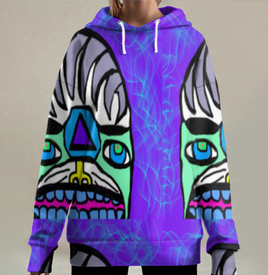 Яркое абстрактное лицо с геометрическими элементами и синим узором, Hoodie Long Oversize 3D