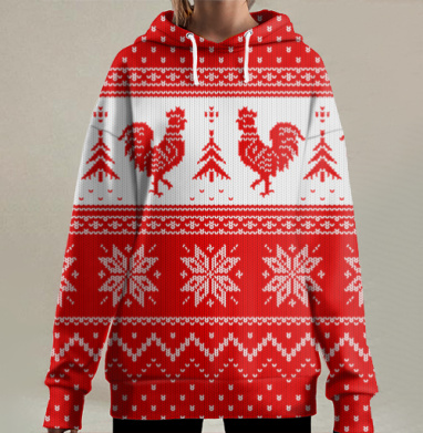 Традиционный скандинавский красный новогодний вязаный орнамент, Hoodie Long Oversize 3D