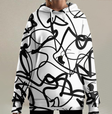 Чёрные жуки на сером фоне перепутанные линии, Hoodie Long Oversize 3D