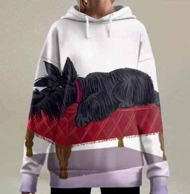 Забавный черный шотландский терьер уютно отдыхает на красном пуфике, Hoodie Long Oversize 3D
