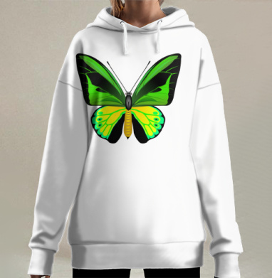 Зеленая Желтая Бабочка в Натуральном Стиле, Hoodie Long Oversize 3D