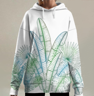 Тропические листья с градиентом синего и зелёного, Hoodie Long Oversize 3D