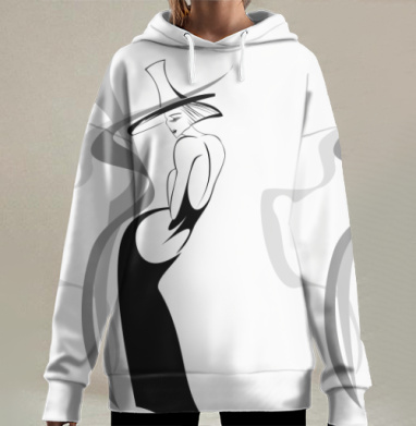 Элегантный силуэт женщины в черном платье и шляпе, Hoodie Long Oversize 3D