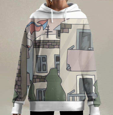 Приглушённые городские фасады балкон окна вечера / городской вид, Hoodie Long Oversize 3D