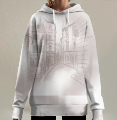 Классический карандашный эскиз старой улицы, Hoodie Long Oversize 3D