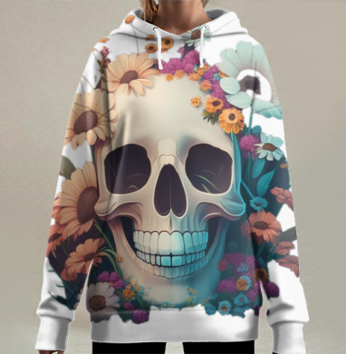 Реалистичный череп с живыми цветами венком красоты жизни, Hoodie Long Oversize 3D